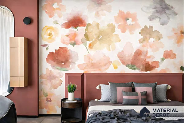 Eclectic bedroom with large floral watercolor wallpaper and terracotta accent wall